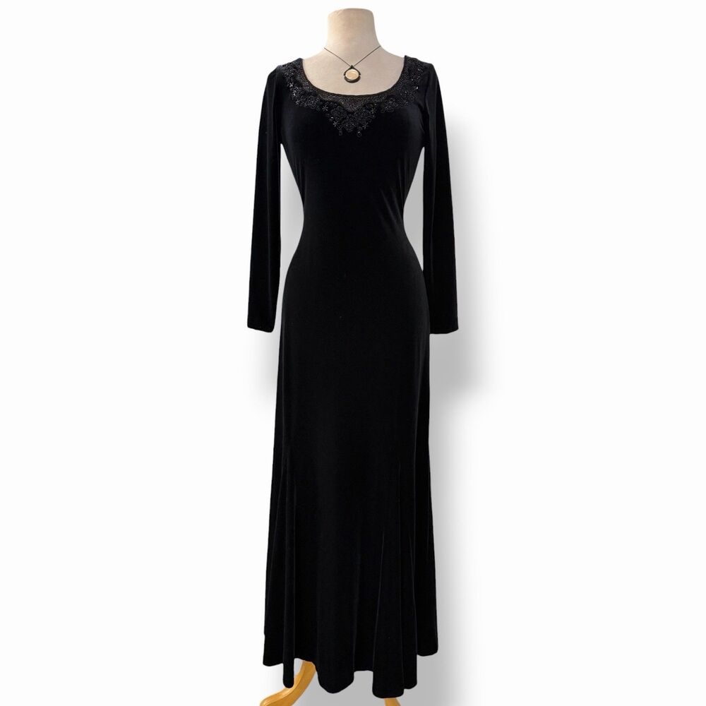 VTG J.R. Nites Black Velvet Beaded Maxi Gown 90s Whimsigoth Goth Formal Dress 6